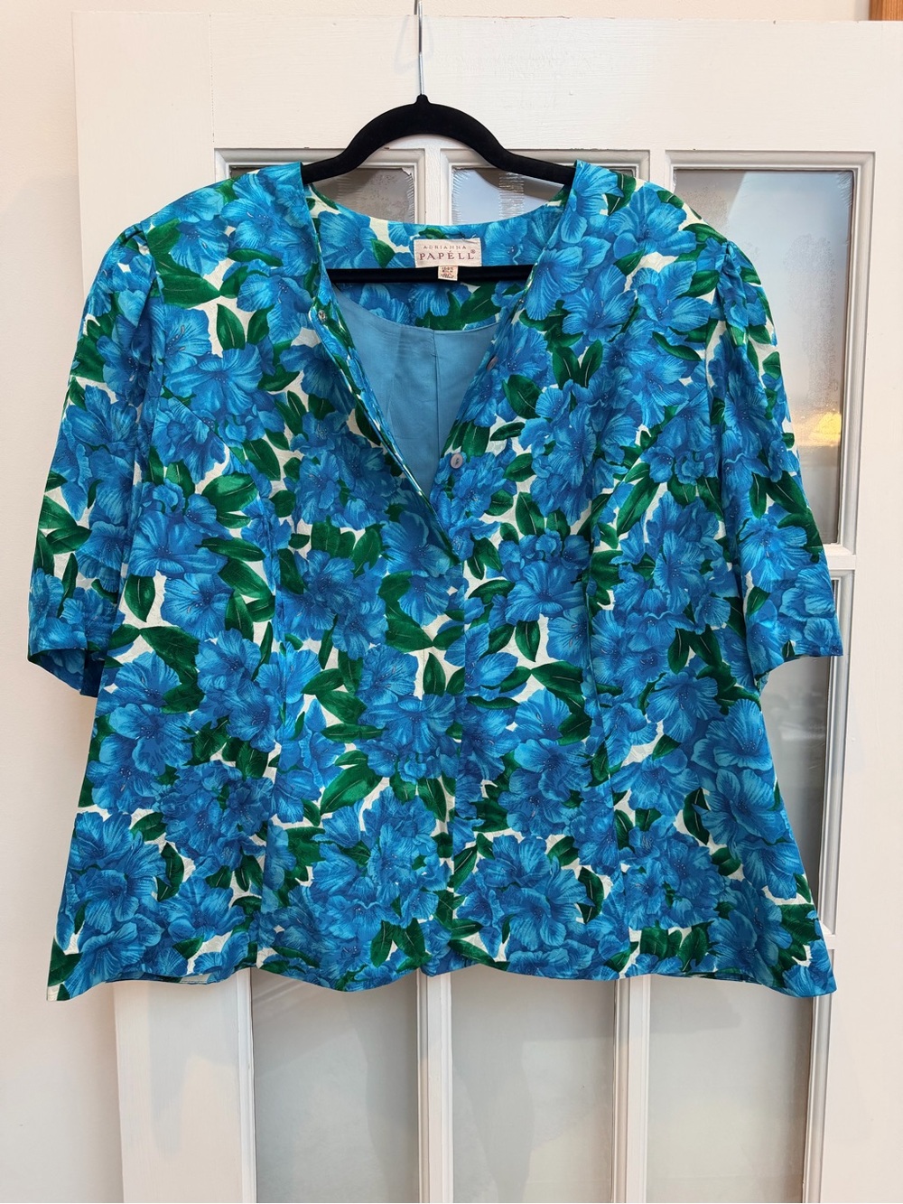 Vintage Adrianna Papell 80’s 100% Silk Blue Floral Tropical Blouse Plus Size 24